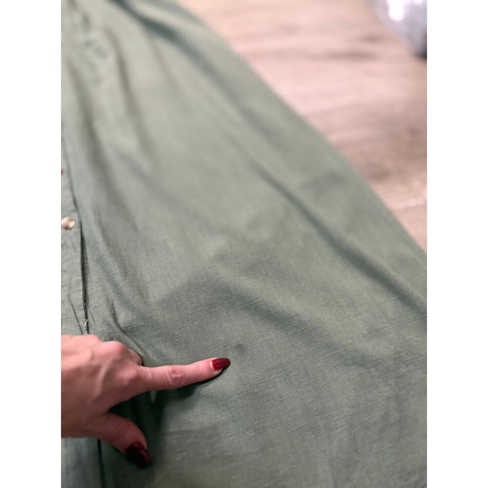 &Merci Sage Green Linen Midi Button Front Peasant Dress Large Fit Flare Casual - Picture 13 of 14